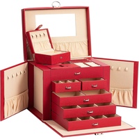 AdelDream Schmuckkasten Schmuckkoffer groß abschließbar 5 Ebenen mit 5 Schubladen mit Spiegel für Ringe Ohrringe Halsketten und Armbänder elegant und klassisch Rot