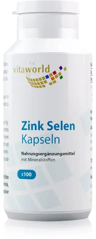 Vita World Zink + Selen Kapseln um den gesunden Zustand von Haaren, Haut und Schleimhäuten aufrechtzuerhalten 100 KAP