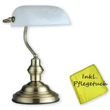 bmf-versand Bankerlampe Weiß Messing - Schreibtischlampe Retro mit weißem Lampenschirm - Banker Tischlampe Büro - Schreibtischleuchte mit Pflegetuch - Bürolampe Schreibtisch Höhe 36 cm