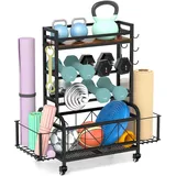 DFENG Hantelständer Hantelhalterung Multifunktionaler Kurzhantelständer für Schaumstoffrollen, Yoga-Block, Kurzhanteln, Kettlebell, Dumbbells Regal für Heim Gym, Hantelablage mit Haken und Rädern
