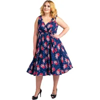 Miss Lavish London Frauen Plus Größe Kleider Retro Swing Blumen Rockabilly 40s und 50er Jahre Vintage Brautjungfer Kleid [SCHMETTERLING-MARINE-56] - 56