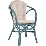 Sessel aus echtem Rattan, Korb-Stuhl Flecht-Sessel gestäbt (Blau mit Kissen)