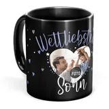 Tassendruck Schwarze Tasse mit Spruch für den weltliebsten Sohn - Tasse mit Foto selbst gestalten - Geschenk für Sohn, Fotogeschenk Familie | Schwarze Fototasse, 300 ml