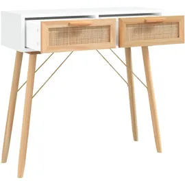 vidaXL Konsolentisch 80x30x75 cm Weiß Massivholz Kiefer Natur-Rattan