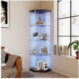 Simurq Glasvitrine Eckvitrine 162cm LED Sammlervitrine,4 Lagen Eck-Glasvitrine Stehend (Packung, Sammlervitrine Schauvitrine mit 1 türen und Schloss, Gehärtetes Glas) LED-Streifenbeleuchtung; Mit Schloss;Fünfeckiges Design;Einzeltür schwarz