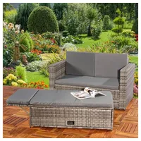 Melko Gartenlounge-Set Gartensofa Lounge Sessel Gartenmöbel Polyrattan Fußbank Sitzgarnitur, (Set, 2-tlg), Kissen inkl. Reißverschluss, daher abnehm- und waschbar grau