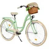 Milord Komfort Fahrrad Mit Weidenkorb Damenfahrrad, 26 Zoll, Mintze-Creme, 3-Gange Shimano - Grün/Beige