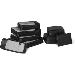 Amazon Essentials Amazon 8-teiliges Packwürfel-Reisezubehörset, Gepäck-Organizer mit Doppelreißverschluss, 100% Polyester, Mehrere Maße, Schwarz