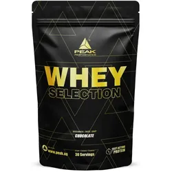 PEAK Whey Selection - 900g - Geschmack Chocolate I 30 Portionen I für Muskelaufbau I Proteinquelle: Whey Konzentrat, Isolat, Hydrolysat + freies L-Leucin I mit Laktase