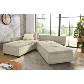 luma-home Ecksofa-Dauerschläfer, Doppelbett 306/223/95 cm Boxspring Federkern Ecksofa 306x223 Dauerschläfer, Bettkasten, Nachtkonsole, Schwenkteil beidseitig montierbar, Cord Beige Grau / 15161