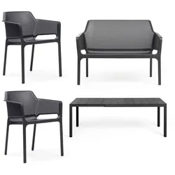 NARDI - Rio Alu Ausziehtisch 140 + Net Bank + 2x Net Armlehnstuhl, anthrazit
