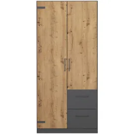 Rauch Drehtürenschrank RAUCH "Holmes", grau (graumetallic, eiche artisan), B:91cm H:197cm T:54cm, Holzwerkstoff, Schränke, Drehtürenschrank, im Industrial Style, mit Schubkästen, mit oder ohne Spiegel