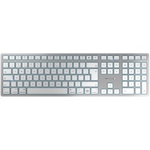 Cherry KW 9100 SLIM FOR MAC, kabellose Mac-Tastatur, UK-Layout (QWERTY), Bluetooth oder 2,4 GHz Funk, Flache Tasten, Wiederaufladbar, Weiß-Silber