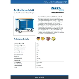 FETRA Werkstattwagen Holz 1050 x 700 mm blau 1 Schrank & 4 Schubladen