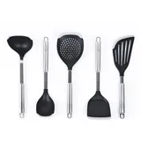 SILBERTHAL Küchenhelfer Set mit Silikon - 5 teiliges Set mit Pfannenwender, Servierlöffel, Schöpfkelle, Fischspatula und Schaumlöffel mit Silikonlippe für beschichtete Pfannen