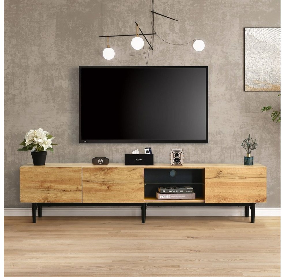 BlingBin TV-Schrank Moderner Lowboard Holzoptik Breite 175cm (Mit fernbedienbarem 7-Farben-LED-Licht) Gesamtabmessungen 175 L x 31 W x 41 H (cm) beige