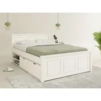 OTTO home Stauraumbett OTTO HOME "SVEA – Landhausstil, Massivholz-Kiefer & Lattenrost inklusive", weiß, B:149,6cm H:92,8cm L:211cm, Betten, Stauraumbett, 2 Schubladen + offene Fächer, FSC zertifiziert, Made in Europe