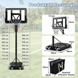 Costway Basketballständer 245-305cm höhenverstellbar, Basketballkorb mit Ständer, 2 Rädern & Gewichtssack, Mobile Basketballanlage