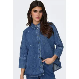 Only Jeansbluse "ONLGRACE 3/4 RHINESTONE MB DNM SHIRTNOOS", Damen, Gr. S, blau (medium blau denim), Web, Obermaterial: 100% Baumwolle, unifarben, oversize, Blusen Jeansbluse, mit Strasssteinen
