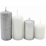 Dekohelden24 Gestufte Stumpenkerzen, Adventskerzen, Adventskranzkerzen, in Silber und Weiß, 4 Größen-H 5-10 cm, Ø je 4 cm, 280 gr, 10 cm, Unparfümiert