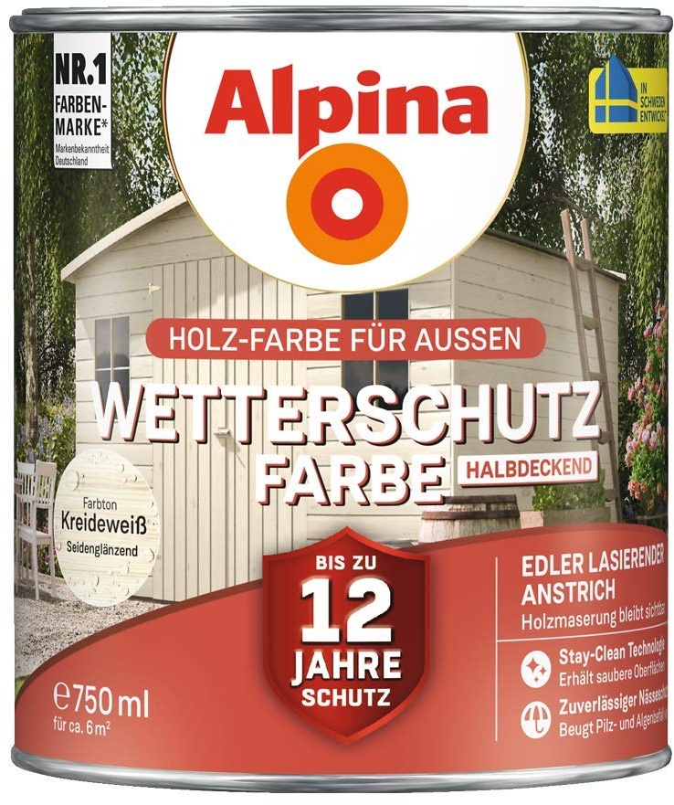 Alpina Holz-Wetterschutz-Farben – Kreideweiß, halbdeckend – bis zu 12 Jahre Schutz vor Witterung und Nässe – schmutzabweisend, deckend & ergiebig – 750 ml