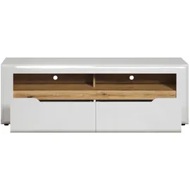 trendteam TV Lowboard MARLON, B 150 cm - Weiß Hochglanz - Evoke Eiche Dekor - 2 Schubladen - 2 offene Fächer