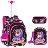 Rucksäcke Mädchen Schultaschen Trolley, Grundschule Trolley Rucksack mit Lunch Tasche Federmäppchen 4 in 1 Schultaschen-Sets Ideal für Kinder Schüler der Klassen 2-6 - Einheitsgröße