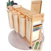 AMBIAVO® Wäschekorb 4 Fächer beige mit Rollen [Wäschesäcke aus Baumwolle] - Wäschesammler für Schmutzwäsche | Wäsche Sortiersystem | Wäschesortierer Holz | Wäschebox | Wäschekorb mit Ablage