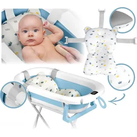 Ricokids Baby Badewanne Babywanne mit Gestell Thermometer und Badekissen - Faltbar Leicht Rutschfest - Weiß Blau