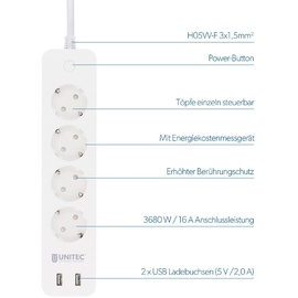 Unitec Steckdosenleiste 4-fach 1,8 m Wifi weiß, steuerbar mit Google