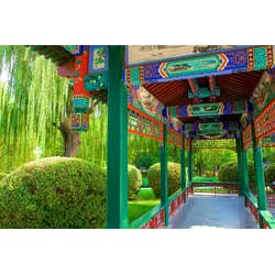 Fototapete PAPERMOON "PAVILLON-PEKING PERGULA GASSE PARK BLUMEN GARTEN BÄUME", bunt, B:3,50m L:2,60m, Vlies, Tapeten