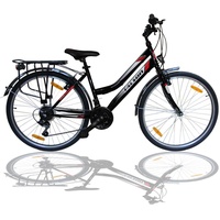 Talson City-Fahrrad 26 Zoll, 21-GG-Shimano-Schaltung mit Beleuchtung und Gepäckträger, Farbe Schwarz