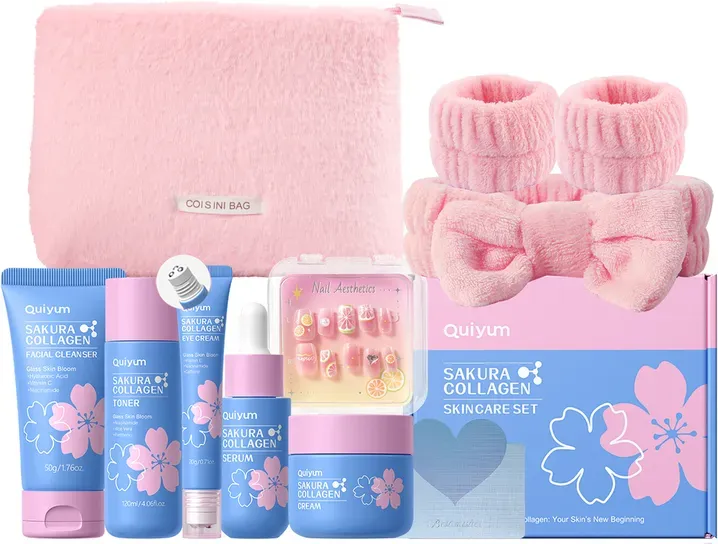 QUIYUM Sakura Kollagen-Hautpflege-Set (8 Teile): Inklusive Reiniger 50 g, Toner 120 ml, Serum 30 ml, Augencreme 20 g, Creme 50 g sowie Haarband, Nagelstickern und Kosmetiktasche. Geschenk zum Muttertag