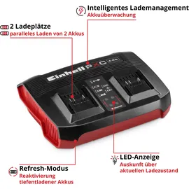 Einhell Ladegerät Power X-Twincharger 4A Power X-Change (18 V, gleichzeitiges Laden von 2x 18 V Akkus, Akkuüberwachung, Lademanagementsystem, Refresh-Modus)