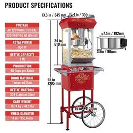 Vevor Popcornmaschine Popcornautomat Popcorngerät mit Wagen 850 W Popcornmaschine 8 oz Kessel für 48 Tassen pro Ladung, Popcornmaschine mit gehärtetem Glas, inkl. 4 Schaufeln, Kino-Stil, rot
