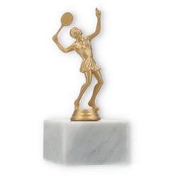 Pokal Kunststofffigur Tennisspielerin goldmetallic auf weißem Marmorsockel 14,6cm
