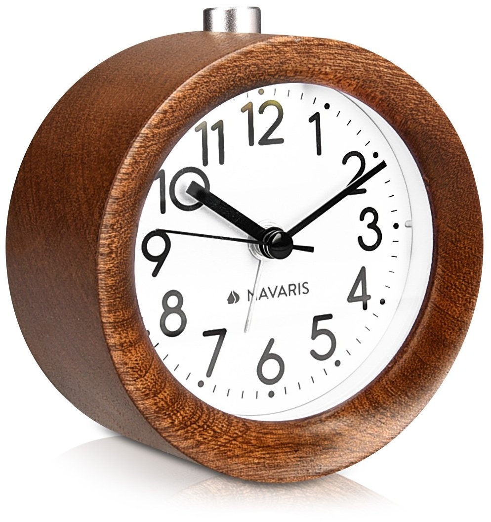 Navaris Analog Holz Wecker mit Snooze - Retro Uhr rund mit Ziffernblatt Alarm Licht - Leise Tischuhr ohne Ticken - Naturholz in Dunkelbraun
