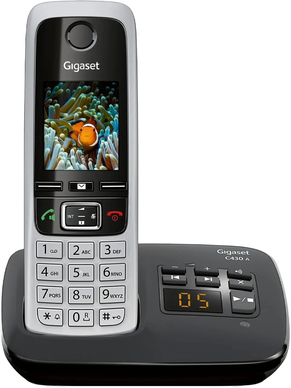 Gigaset C430A - Schnurloses DECT-Telefon mit Anrufbeantworter und Freisprechfunktion, klassisches Mobilteil mit TFT-Farbdisplay, schwarz-silber