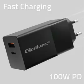 Qoltec GaN POWER PRO Ladegerät 1xusb-c 1xUSB 100W 5-20V 1,5-5a PD Laptop Smartphone Schwarz