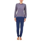 RELAX by Normann Damen Frottee Pyjama lang, Schlafanzug mit Bündchen und modischen Ringeln - 59892, Farbe:blau, Größe2:48/50 - 48