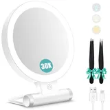 B Beauty Planet Schminkspiegel mit Beleuchtung,Doppelseitiger1X/30X Vergrößerungsspiegel mit Licht, 2000mAh 3 Farben Beleuchtungsmodi, Einstellbare Helligkeit, Faltbarer Kompakter Makeup Spiegel Reisegröße