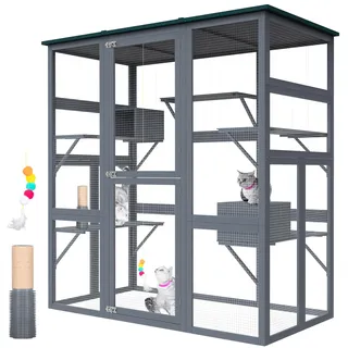 PETVILLE Katzengehege für den Außenbereich, großes Gehege zum Hineingehen, Outdoor/Indoor Katzengehege für mehrere Katzen mit wasserdichtem Dach, 5 Plattformen, 2 Ruheboxen, Kratzbaum, 180,9 cm L x