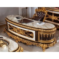 Casa Padrino Luxus Barock Büromöbel Set Weiß / Dunkelbraun / Gold - 1 Barock Schreibtisch mit Marmoroptik & 1 Barock Bürostuhl mit edlem Kunstleder - Prunkvolle Barock Büromöbel