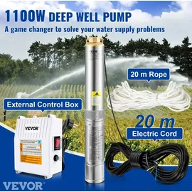 Vevor 4" Tiefbrunnenpumpe 1100W 190L/min max Förderhöhe 57m Edelstahl IP68