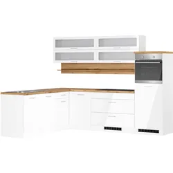 Winkelküche KOCHSTATION "KS-Milan, optional mit Muldenlüfter", küche: weiß, front: weiß hochglanz, korpus: weiß matt, arbeitsplatte: wotaneichefarben, B:270cm H:166cm T:60cm, Komplettküchen-Sets, Stellbr.270/220 cm, wahlweise mit E-Geräten, Kochfeld mit Dunstabzug