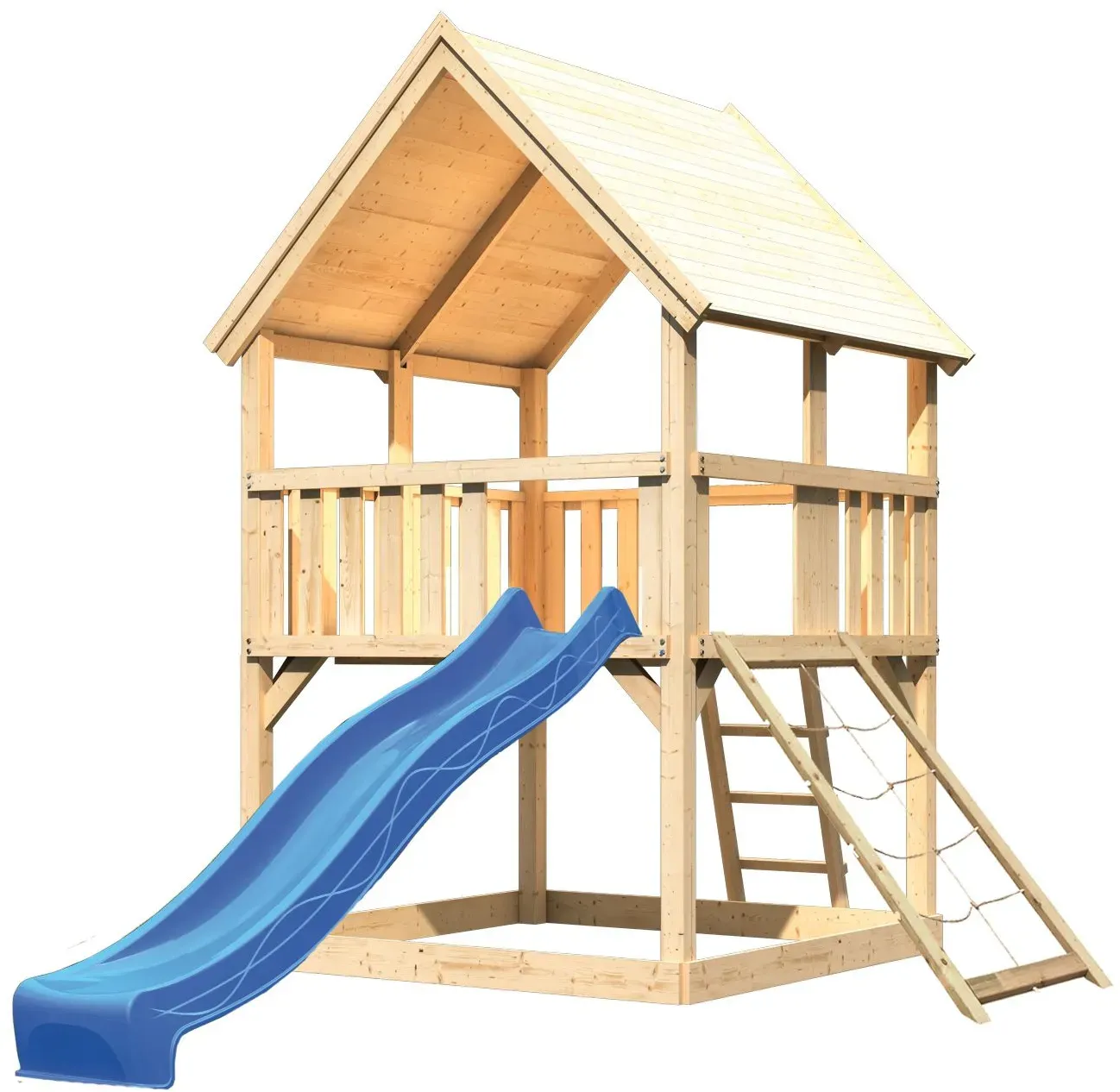 Akubi Kinderspielturm Luis mit Wellenrutsche und Netzrampe blau