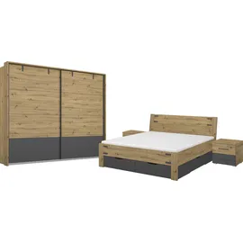 Rauch Schlafzimmer-Set "Birmingham" Schlafzimmermöbel-Sets Gr. Mit Holzkopfteil, B: 140 cm, grau (eiche artisan, graumetallic) 5-tlg.Set: Schwebetürenschrank inkl. Passepartout, Bett, 2 Nachttische