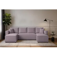 Couchgarnitur Eckcouch CAPRI U-Form, Schlaffunktion, CORD Stoff, Bettkasten und Seitenlehnen - Rosa