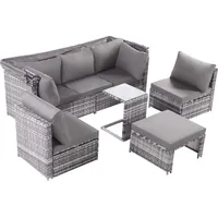 Gartenlounge-Set Rattan wetterfest Hocker Sesseln und Tisch Sonneninsel Sitzgruppe Sofa Sonnendach Loungemöbel Balkon Terrassenmöbel Grau - Weiß