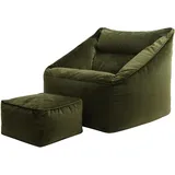 I.C.O.N. Icon Riesen Sitzsack Sessel „Natalia“ mit Hocker, Olive, Plüsch XXL Sitzsack Erwachsene mit Füllung für das Wohnzimmer, Riesensitzsack Sofa XXL